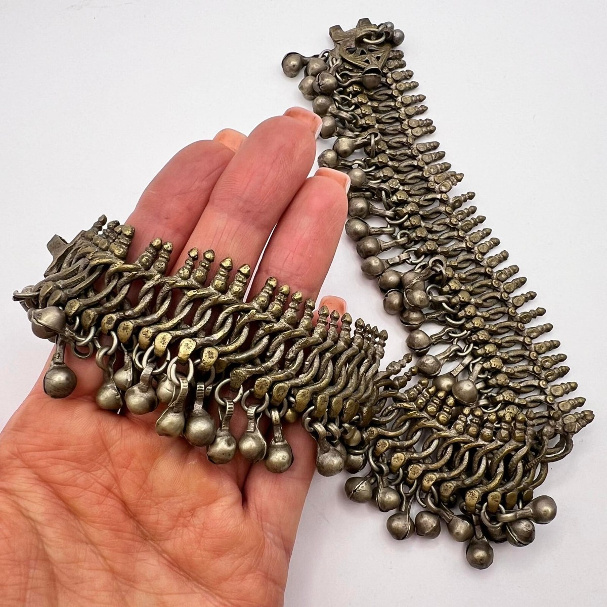 Women Large Ankle Bracelet Jewelry Antique Yemen Brass Silver Bell