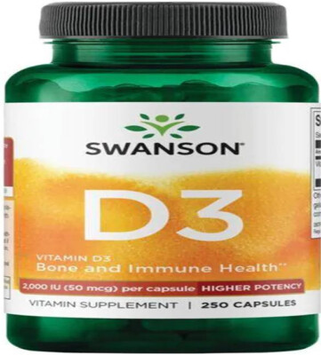 Swanson Higher Potency Vitamin D3 2000 IU 250 Caps Bone Immune Emotional Health