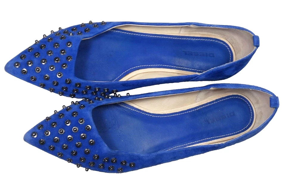 Sapatos femininos Diesel Atomic Blondie 40 9 Spikey azul camurça cravejados pontiagudos - Imagem 2 de 4