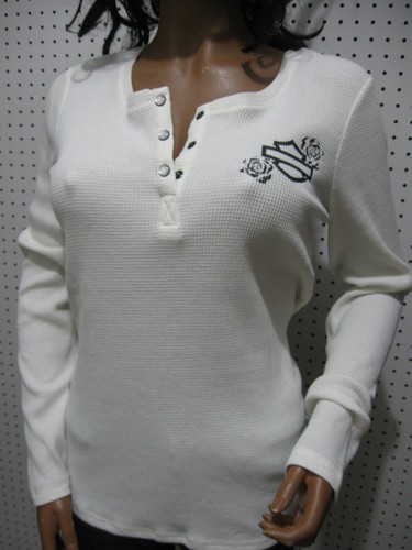 nwt Harley-Davidson Women's Fireside Roses Thermal Henley 96453-23V - Afbeelding 1 van 8