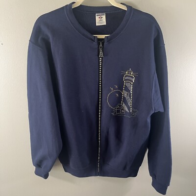 Jerzees Vintage Woman s Rhinestone Zipper Lighthouse Blue Jacket  Sz M Coastal