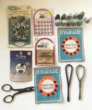 1940s--SEWING ACCESSORIES LOT (SNAPS-EYES-THIMBLES-BUTTONHOLE SCISSORS ++)--XLNT