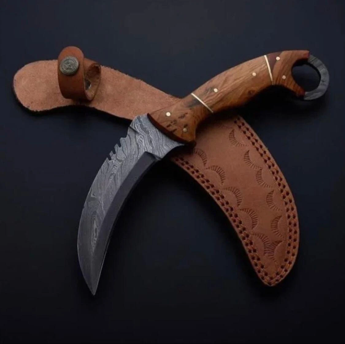 CUSTOM HANDMADE DAMASCUS STEEL KARAMBIT KNIFE WITH WOOD HANDLE & LEATHER SHEATH