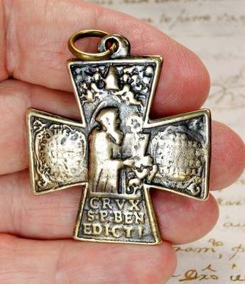 ANTIQUE 17TH CENTURY ST. BENEDICT CROSS ARCHANGEL GABRIEL MEDAL AUGSBURG GERMANY