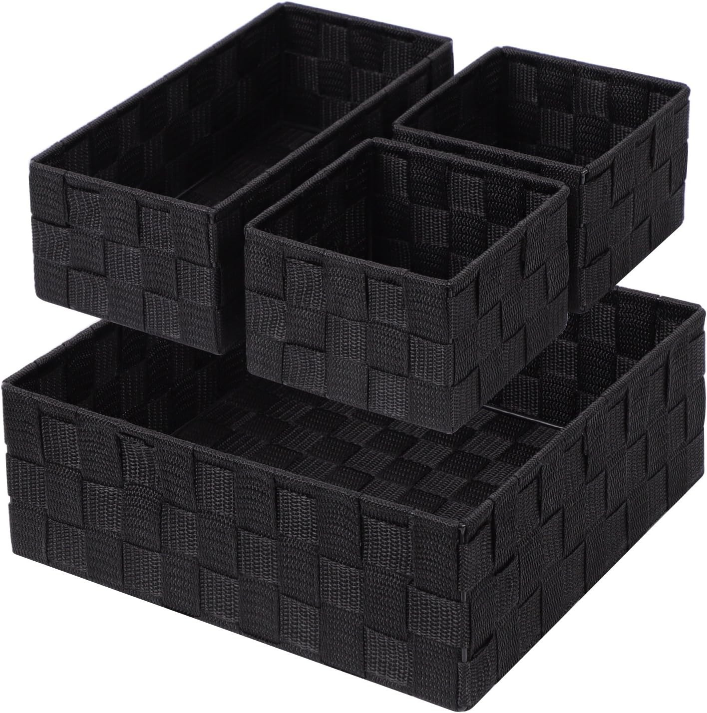 Set of 4 Black Woven Storage Baskets with Metal Frame Cube Organizer Bins-image