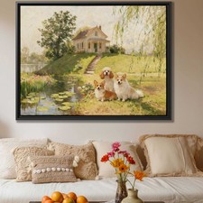 Oil Painting Dog Poodle Corgi Canvas Print Wall Art Vintage Decor Animal Art