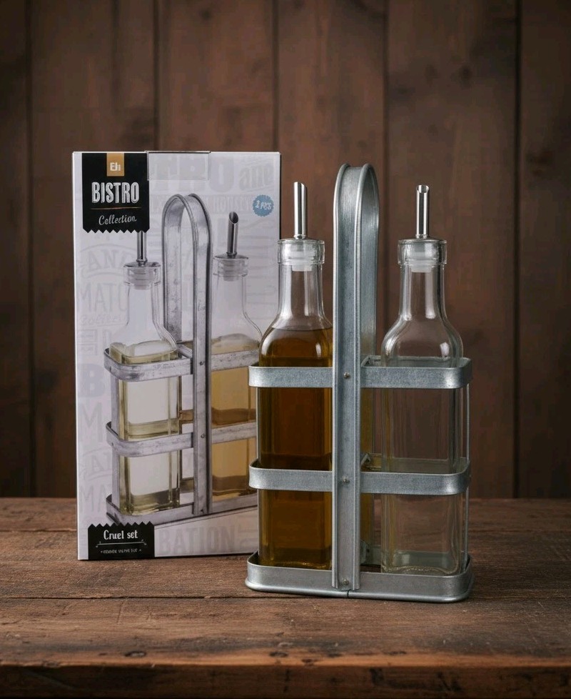 Essig und Ölspender Menage Set, Industrial Design, Retro, Glas, Metall, Neu✌️