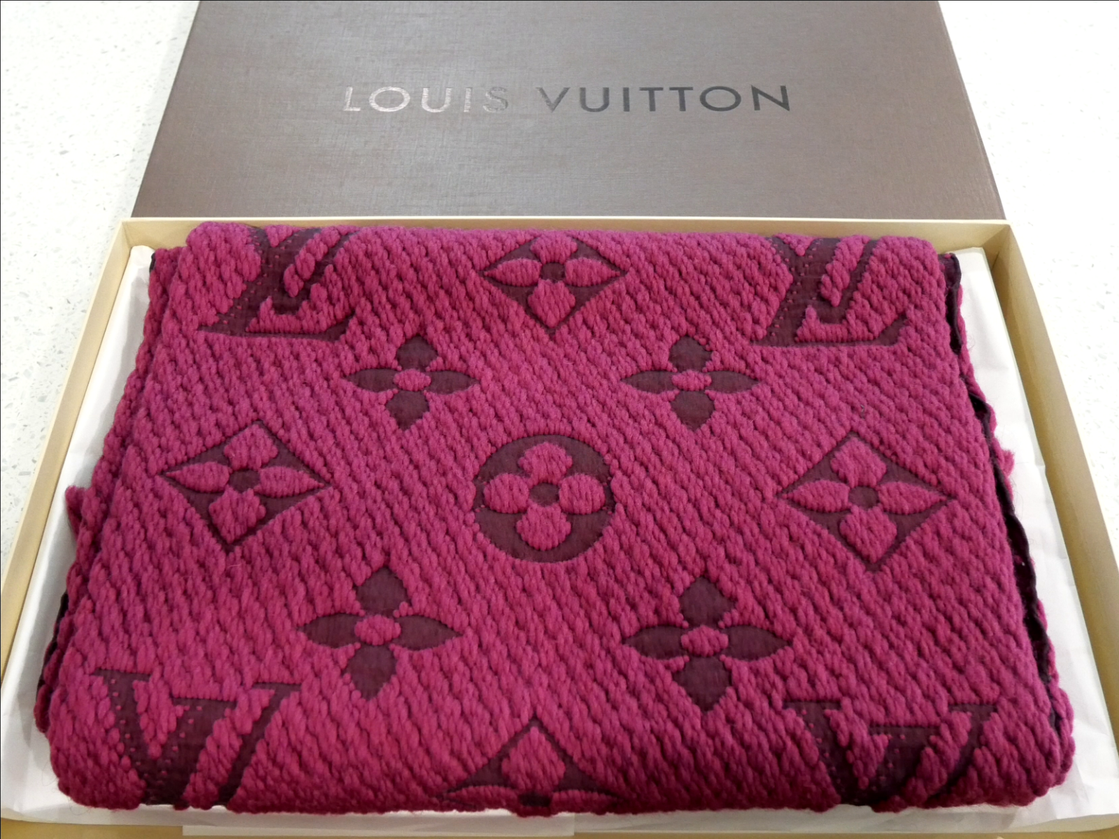 Louis Vuitton Purple Logomania Scarf in Wool and Silk