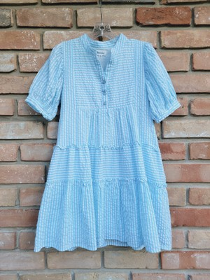 #ad Women#x27;s Mini Seersucker Dress Aqua White S S Ruffle Summer Coastal Size S Poly $19.95