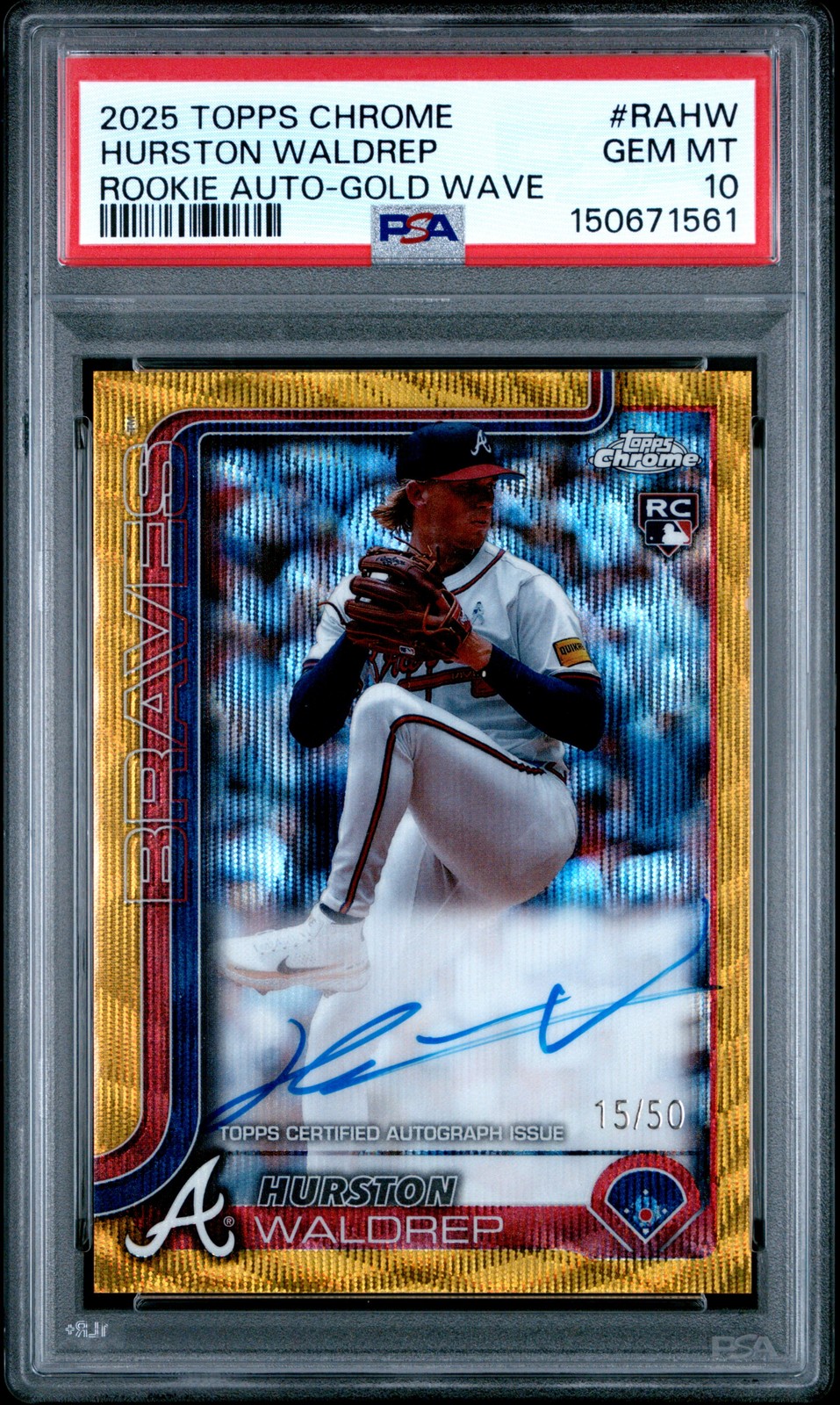 2025 Topps Chrome Rookie Hurston Waldrep Rookie Auto Gold Wave PSA 10