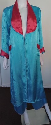 Vintage 40er 50er blau Viskose Satin Morgenmantel und Pyjamahose | S | zweiteiliges Set