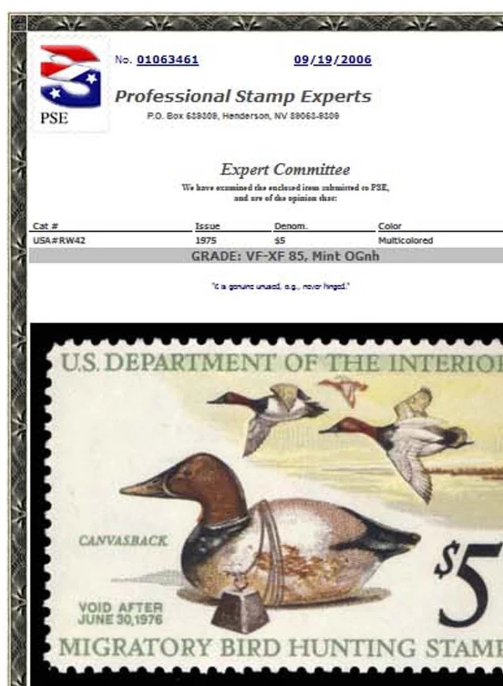 RW42 — 1975 Canvasback and decoy, VF-XF 85 NH, PSE Certificate - Image 2 of 2