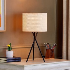 Lindby Dreibein Tischlampe Textil, Kunststoff Rattanlook, Nachttischlampe, Tisch