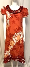 Vintage Island Aloha Wear Dress Cotton Orange/W Floral Ruffle & Train Maxi Large