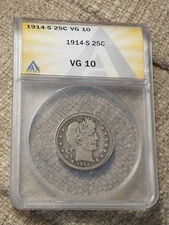 1914-S Low Mintage Barber Quarter ANACS VG 10, Natural and Undamaged