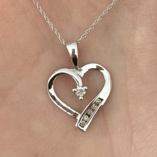 10k White Gold Natural Diamond Open Heart Pendant Necklace - 18 Inch Chain