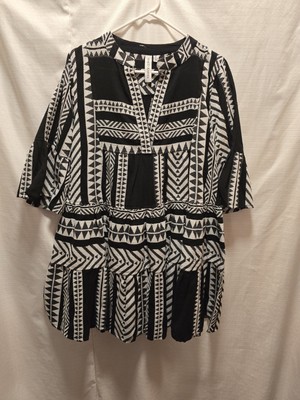 Womens XL Grace + Karma Tunic Midi Dress Long Blouse Black/white Hippie Nwots!
