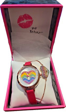 Betsey Johnson Ladies Set Rainbow Heart Watch Crystal Heart Bracelet 259117PNK