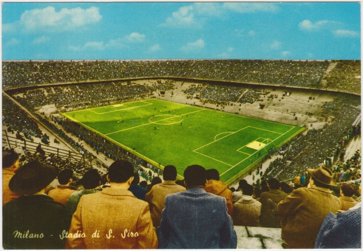 2 CARTOLINE STADI STADIO CALCIO MILANO SAN SIRO 1963 VIAGGIATA SOLNA (SVEZIA) A
