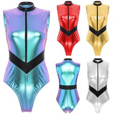 Womens Bodysuit Zipper Catsuit Metallic Leotard Color Block Costume Party Tops