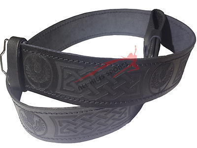 Scottish Highlander Black Leather Embossed Thistle Kilt Belt