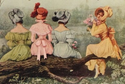 Victorian Postcard Lovely Ladies Seated on Log Colorful Good Morning Greetings