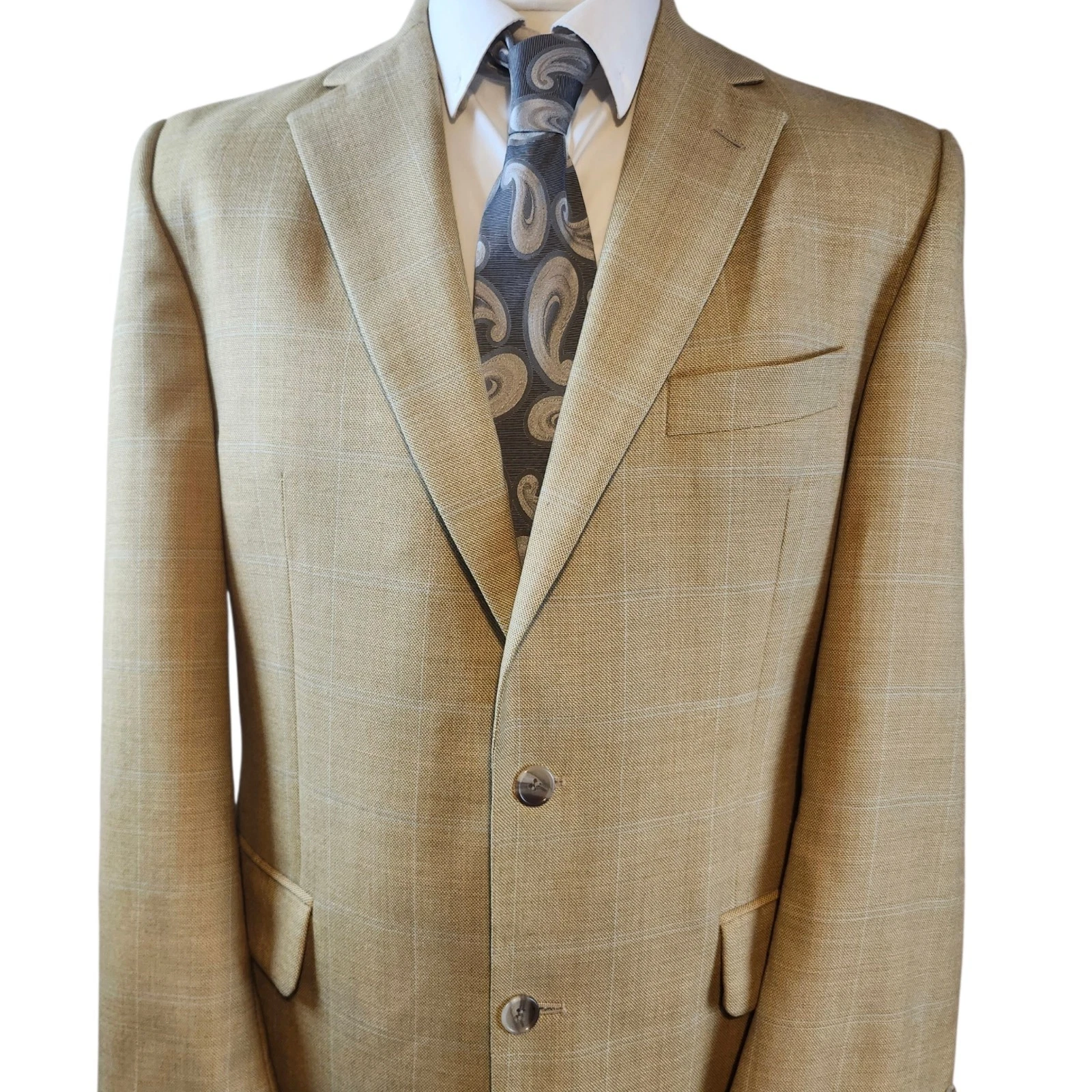 Bernhardt Mens Blazer Jacket Size 40R Beige Pure Wool Check 2 Button