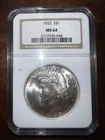1922-P $1 Silver Peace Dollar NGC Cert MS64 Beautiful Luster!