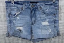 Aero Midi Denim Jean Shorts Women's Size 6 Blue Cuffed Hem Low Rise Distressed