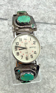 👑 Effie C. Zuni Timex Snake Watch Band Turquoise 9” Silver Vintage