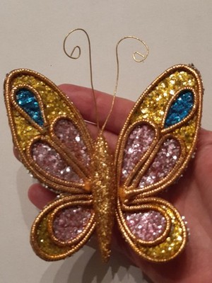 VINTAGE Wolin? Japan Glitter Large BUTTERFLY Clip Ornament GOLD PINK BLUE 4½x3¾