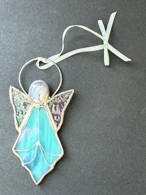 Vintage Stained Glass Angle Christmas Ornament Blue White Religious Handcrafted