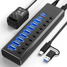 Powered USB Hub 3.2,10-Port USB 3.2/USB C Hub (10Gbps USB-A 3.2 +2 USB-C 3.2 +7 
