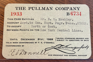 PULLMAN COMPANY (over NYC RR) Annual Pass (1933)