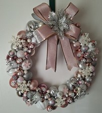 Blush Pink, Silver And White Sparkly Christmas Bauble Wreath With Snowflakes