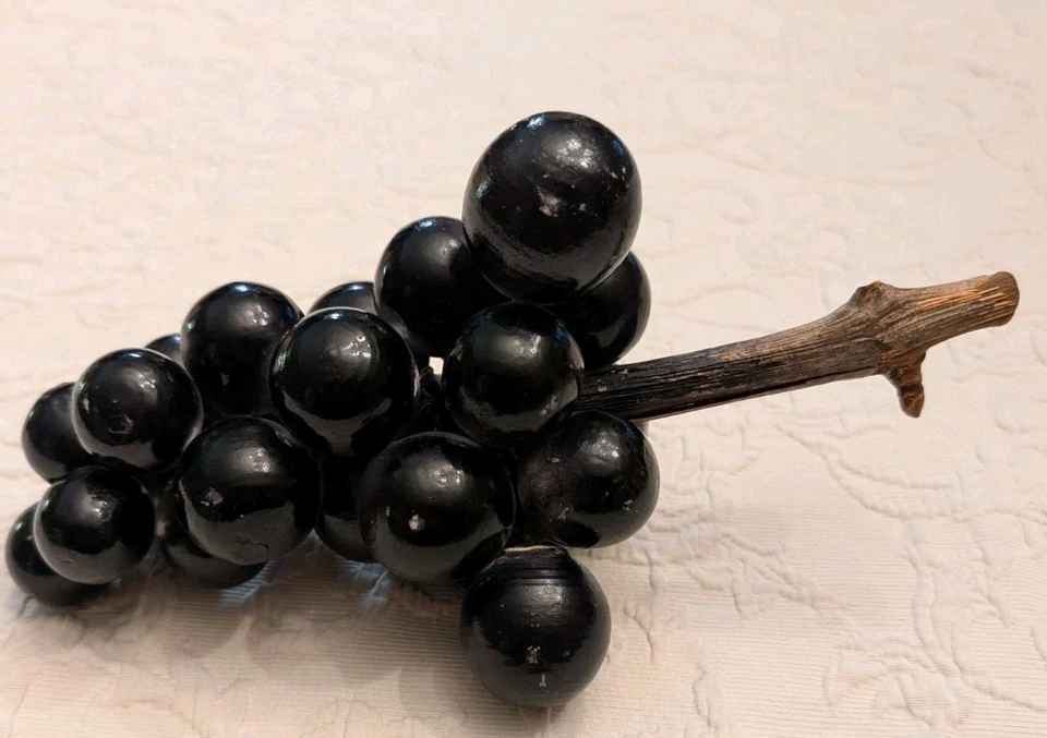 Vintage Italian Alabaster Stone Fruit Grapes Purple Black Cluster Wood Stem - Image 4 of 4