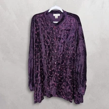 Silhouettes Velvet Velour Embroidered Long Sleeve Button Up Shirt Top Size 4X