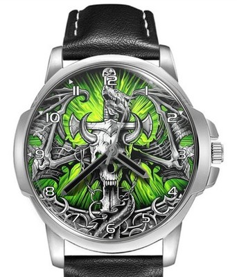 Armbanduhr Drachenschädel Schwert Lederband großes Zifferblatt Geschenk