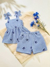Fashionable Girls' 2-Piece Striped Bow Camisole Dress and Shorts Set for Outdoor