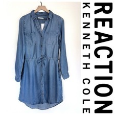NWT Kenneth Cole Reaction Women's Tencel Chambray Roll Tab Sleeve Shirt Dress M