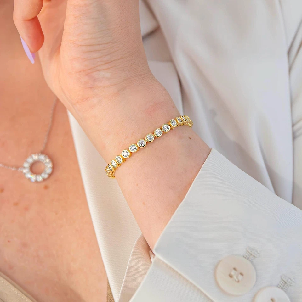 3ct F VS1 Lab Grown Diamond Bezel Tennis Bracelet 14k Yellow Gold 7" - Image 4 of 4