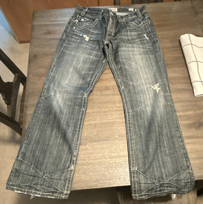 MEK Denim Men's Blue Bootcut Low Rise Jeans Medium Wash 5-Pocket Logo Size 33