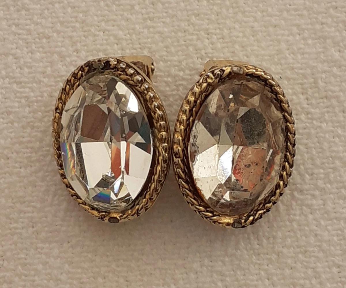 Orecchini Vintage Rettangolari Con Strass Anni '80/'90 - Bijoux Oro Con Chiusura A Clip