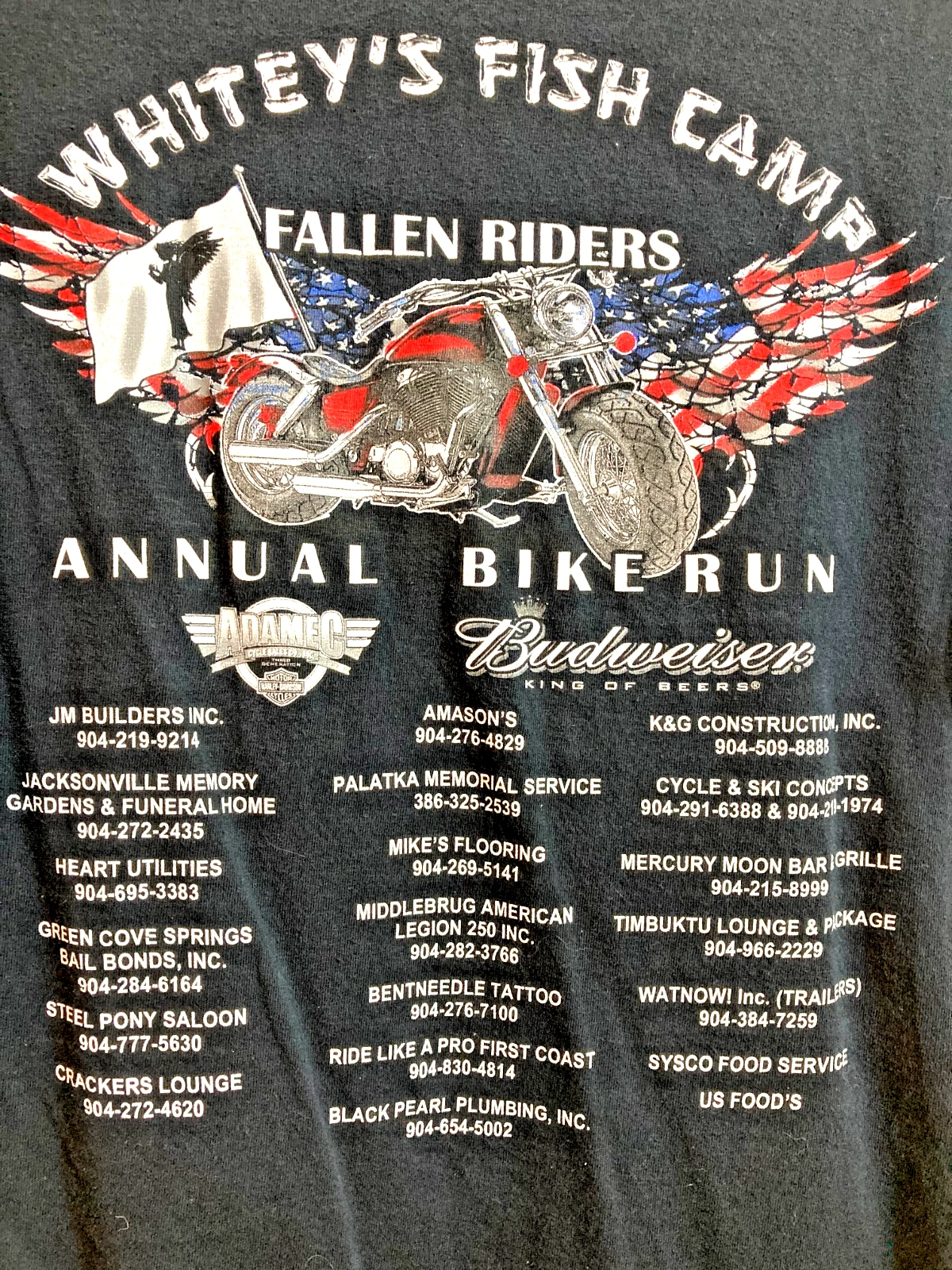 Whitey's Fish Camp Fallen Riders Annual Bike Run Black Tee Shirt M