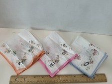3 Vintage Cotton Hankies Handkerchiefs Cotton Floral Design Pink, Blue  Peach