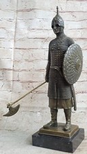 MEDIEVAL SOLDIER WARRIOR FRENCH ENGLISH AXE SHIELD STATUE SCULPTURE PURE BRONZE