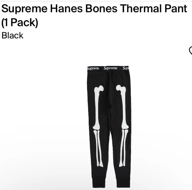 Pantalon long thermique Supreme Hanes Bones Skelette NEUF noir taille grande FW21