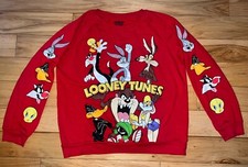 Looney Tunes All Over Graphics Red Crewneck Pullover Sweatshirt Size L 11-13 