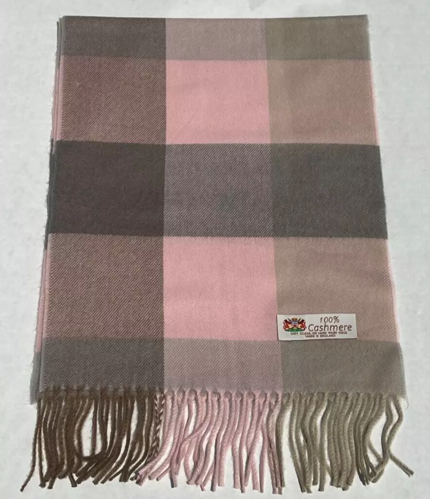 100 CASHMERE SCARF Check Plaid Pink Gray Tan Made in England Warm Wool W07