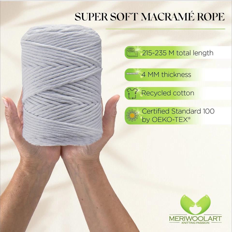Hilo de cordón de macramé MeriWoolArt 4 mm 1 - 225 metros hilo de macramé grueso - Imagen 2 de 4